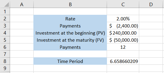 Spreadsheet showing that the loan will end approximately two years earlier if you pay off the loan with a final balloon payment of $50,000.