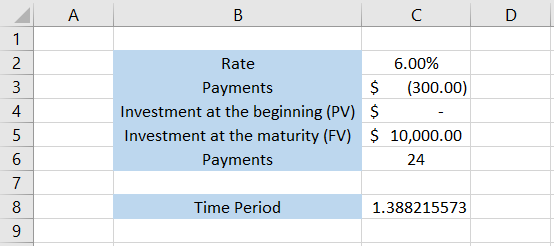 Spreadsheet showing that it takes 1.38 years to get the investment amount of $10,000, where all the parameters remain the same except the number of payments.