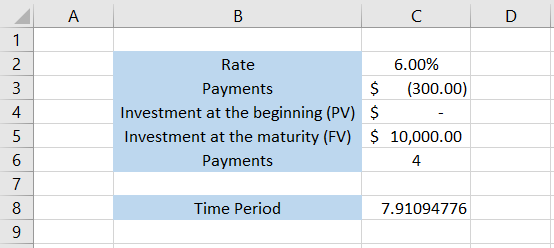 Spreadsheet showing that there are four quarters in a year; thus, we just need to change the payment number to 4.