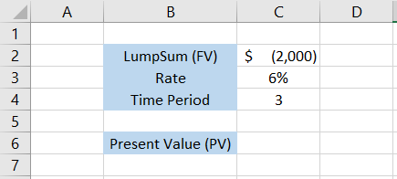 Spreadsheet Showing PV For Lumpsum