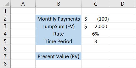 Spreadsheet showing PV For a lump sum and monthly payments