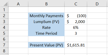 Spreadsheet showing calculation of present value of the lumpsum and monthly payments