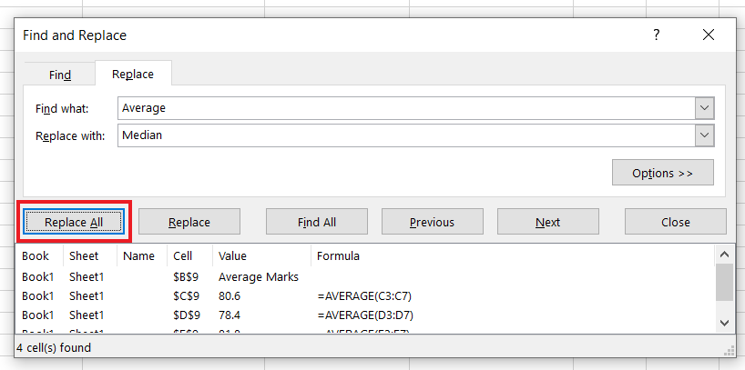 Dialog box shows that how to replace the average marks with median marks.