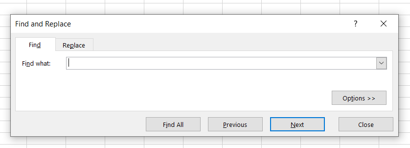 Dialog box showing that how we can access the Find function in Excel.