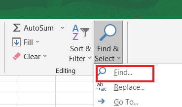 Excel worksheet showing the Find option.