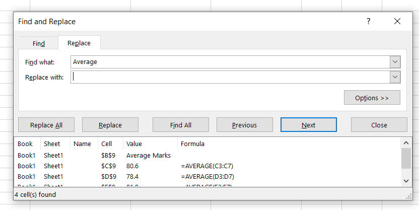 Excel worksheet showing that to replace all instances of average with median in the worksheet, click the Replace option.