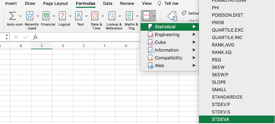 Calculating STDEVA function in excel through formula tab