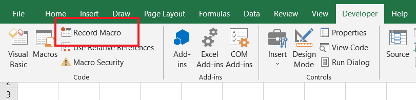 Excel worksheet showing that how to use Record Macro option in the Developer tab.