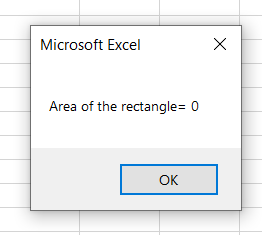 Excel spreadsheet showing about the area of rectangle is = 0.