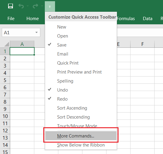 Excel worksheet showing that how to select More Commands from customize quick access toolbar