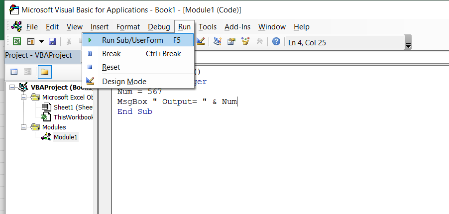 Excel worksheet showing that how to run your code in VBA, click Run > Run Sub/UserForm