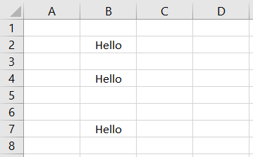 Spreadsheet showing the value Hello in cell B2