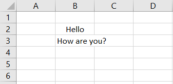 Spreadsheet showing that Excel directly jumps to Cells(3,2).Value = “How are you?” in cell B3.