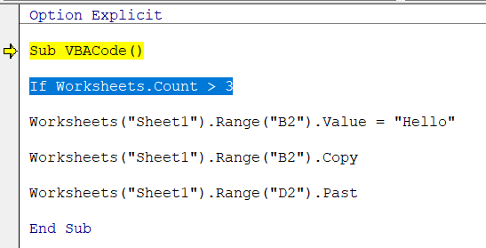 Example shows that the used of IF statements in the VBA code but haven't followed through with the 'then' statement.