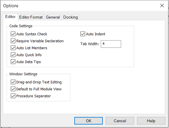 Dialog box shows the Options in the VBA editor box