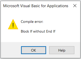 VBA Editor showing the Compile errors