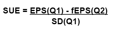 SUE = [EPS(Q1) - fEPS(Q2)]  / SD(Q1)