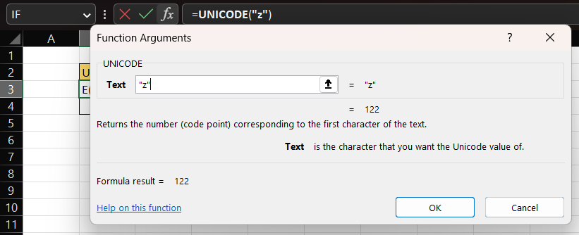 Unicode function to find the code point of the alphabet “z”.
