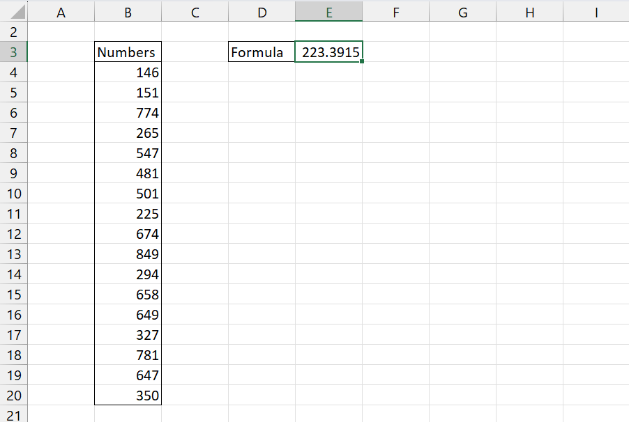 Spreadsheet showing the data after applying the STDEV.P Function.