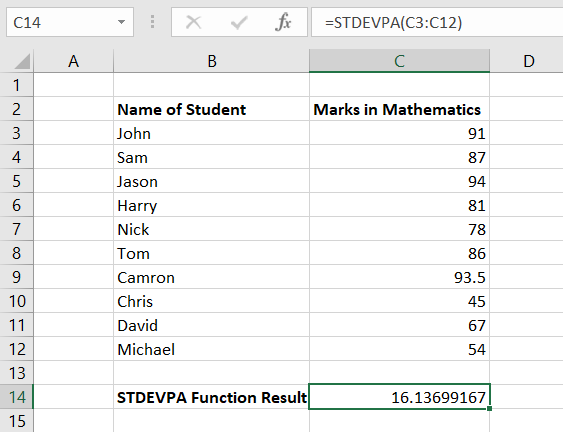 Spreadsheet is showing usage of STDEVPA function to calculate the standard deviation of one-sample population.