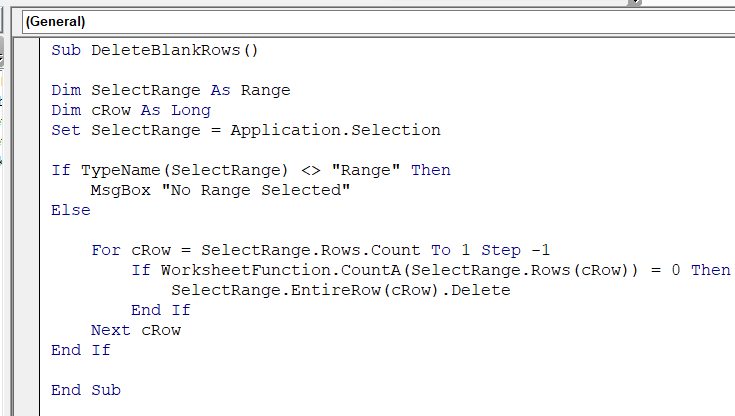 The CountA function ensures that only completely blank rows, even beyond the selected range, are deleted. 