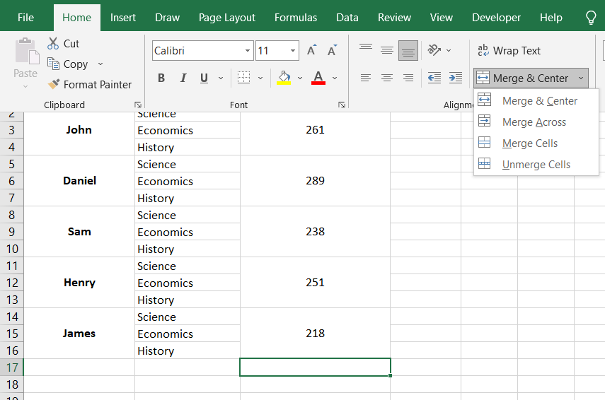 Spreadsheet showing that how to merge and unmerge the cells.
