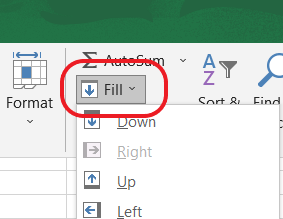 Spreadsheet showing that Excel provides the Fill option to streamline this process