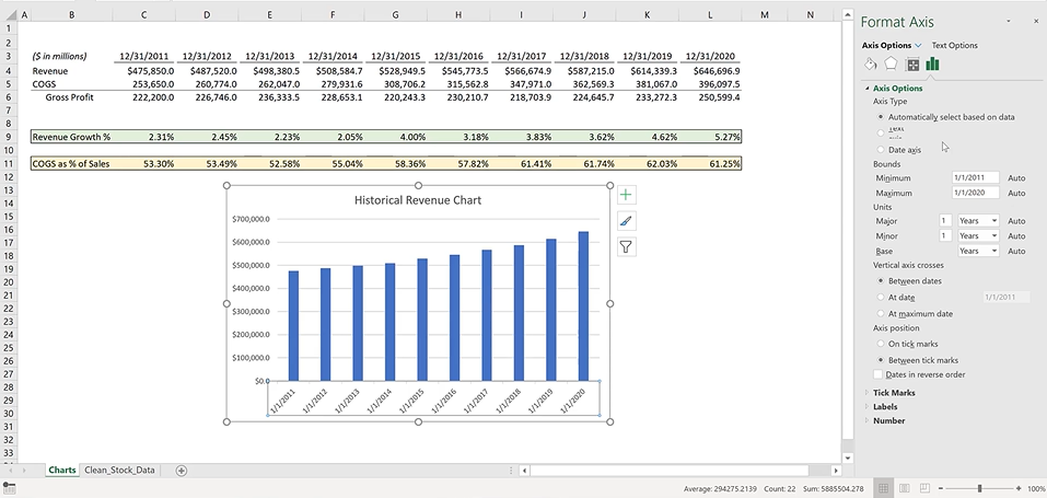 Inserting and adjusting charts