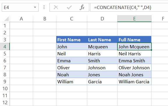 Concatenating strings with the CONCATENATE function in Excel