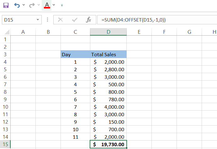 Sum of revenues recalculated and updated by OFFSET function in Excel