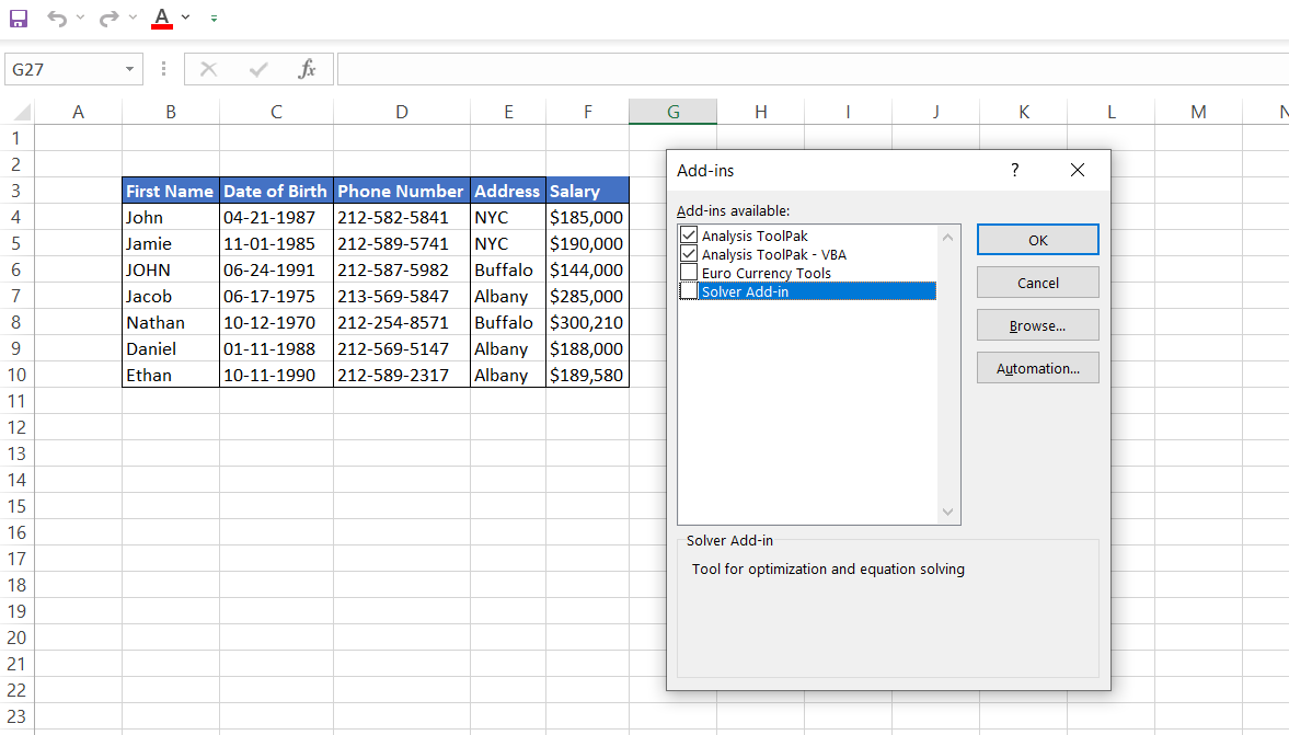 Excel add-ins dialog box