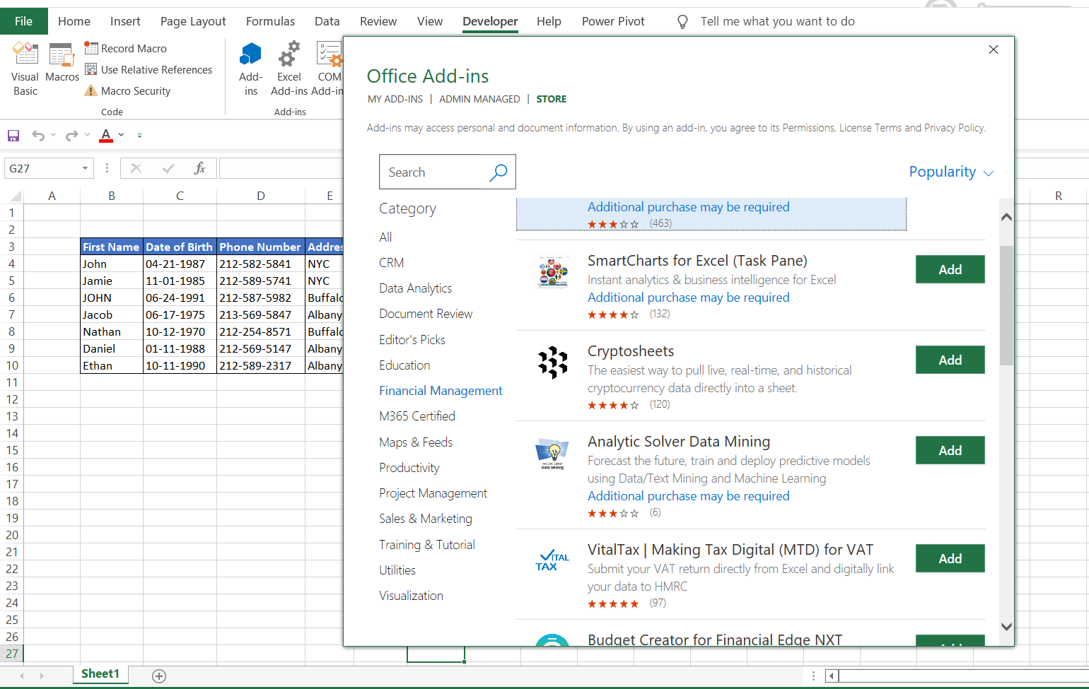 Office add-ins window in Excel