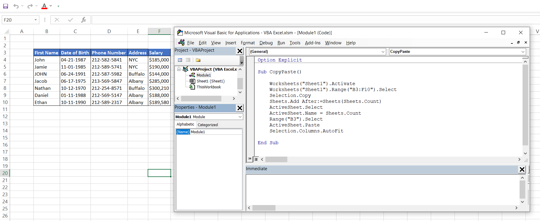 A screenshot of VBA code and renaming a VBA module