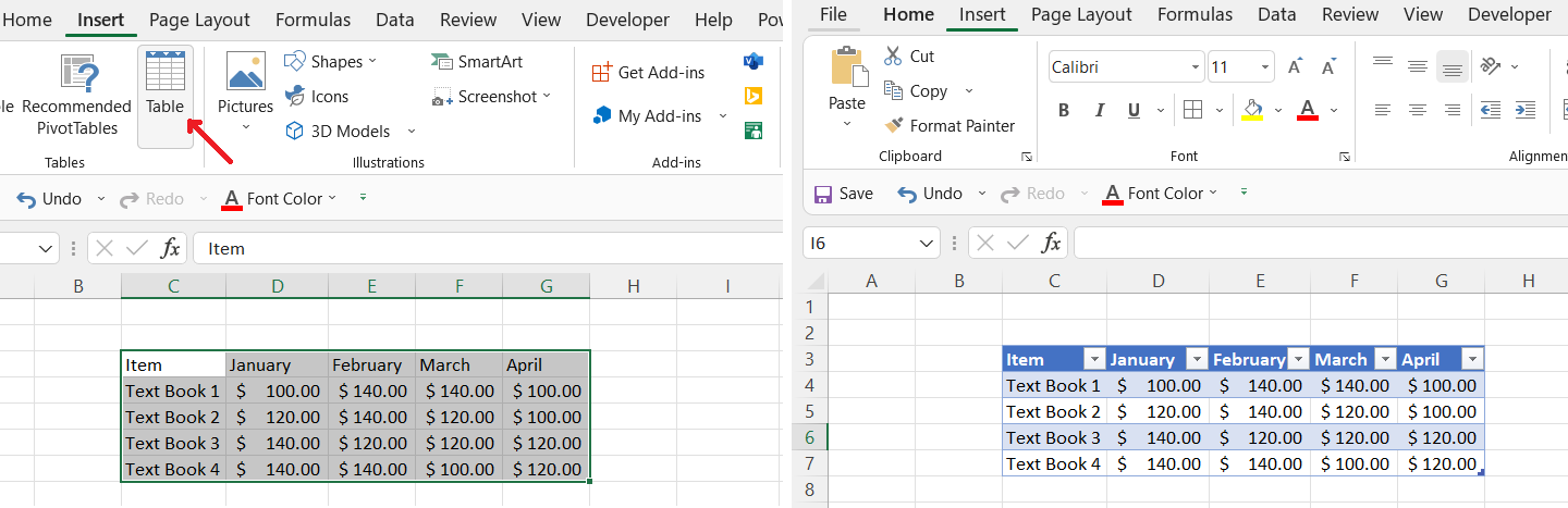 Converting data into a table in Excel