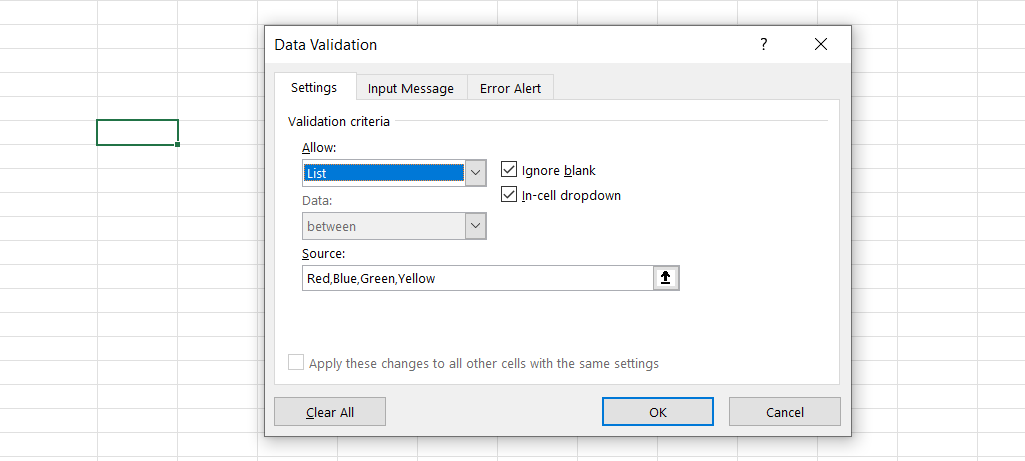 Data Validation dialog box in Excel