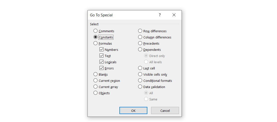 Go To Special dialog box in Excel