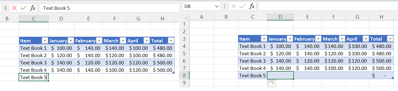 Demonstrating structured references in Excel