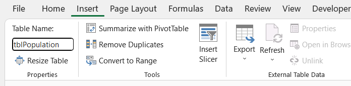 Insert table menu in Excel