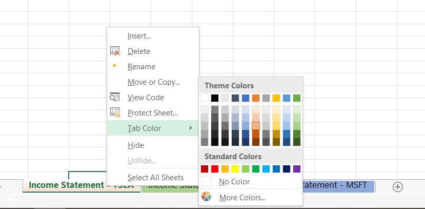 Coloring worksheet tabs at the bottom in Excel