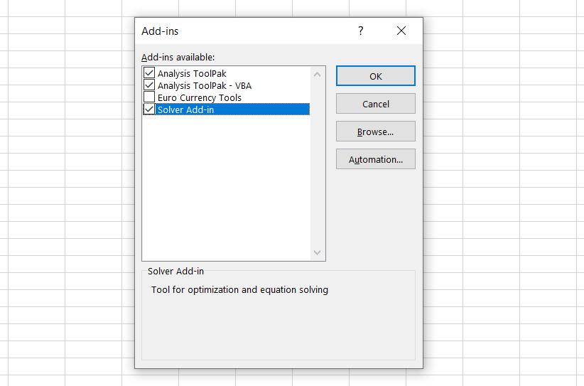 Enabling Solver add-in