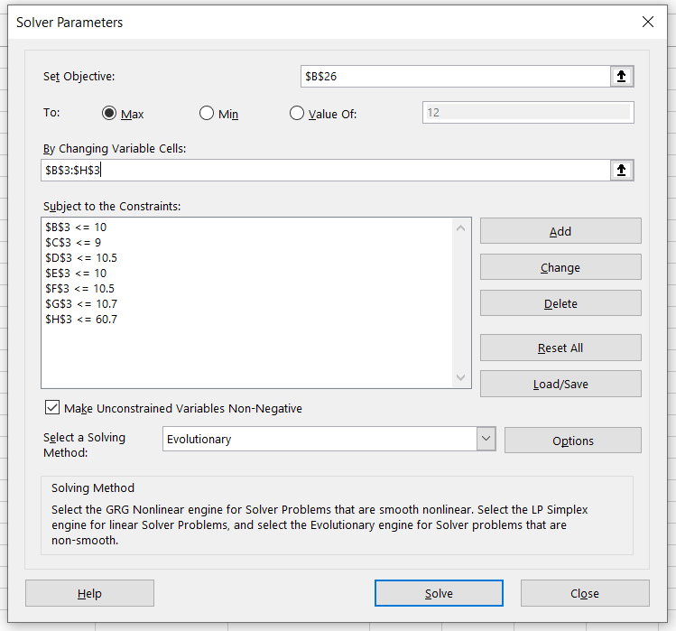 Solver parameters for movie theater pricing problem