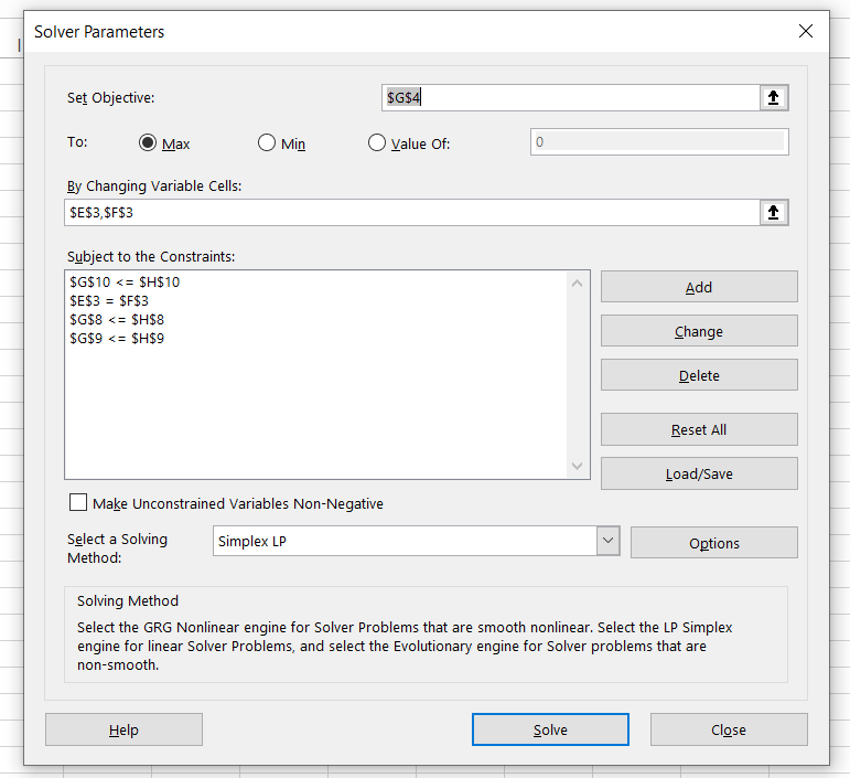 Solver parameters window