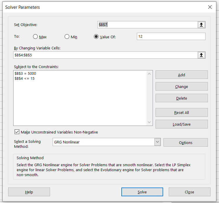 Solver parameters for WSO course pricing problem