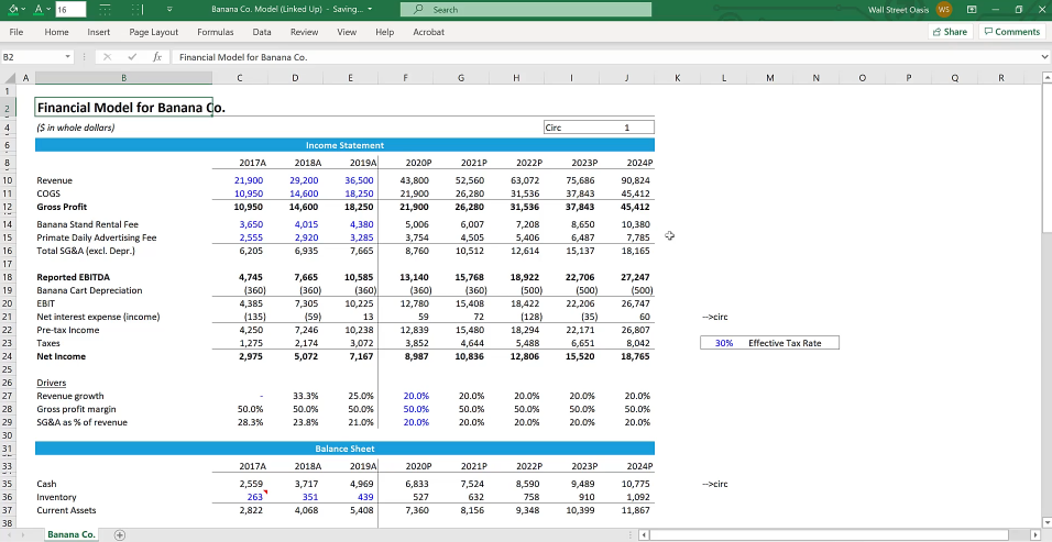 A financial model demonstrating hidden rows