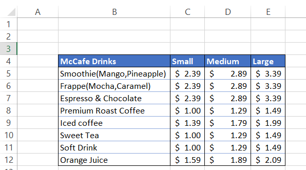 McCafe price list with lookup values on the left side of the table
