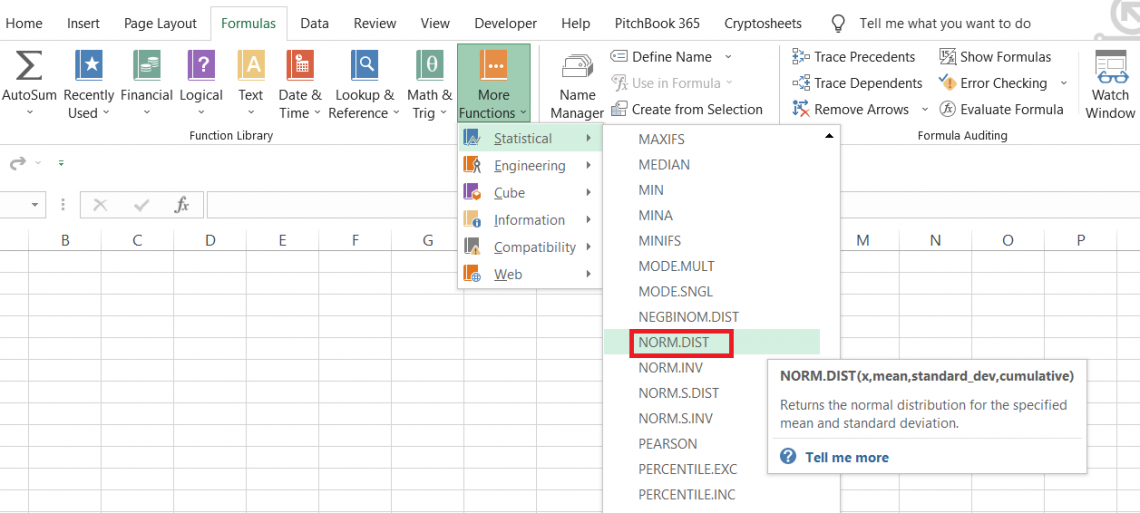 Normdist function formula example normal distribution excel wall