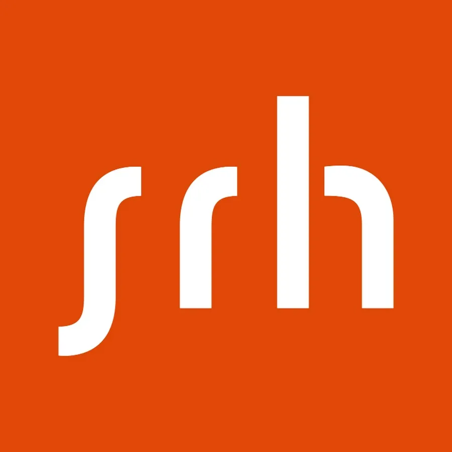 srh logo - white letters with a red background